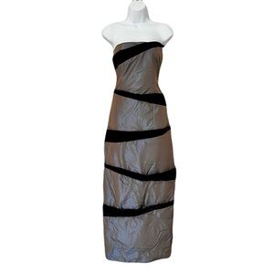 NWT Paula Hian Bucol Brown Silk Taffeta & Velvet Striped Strapless Dress, Size 6